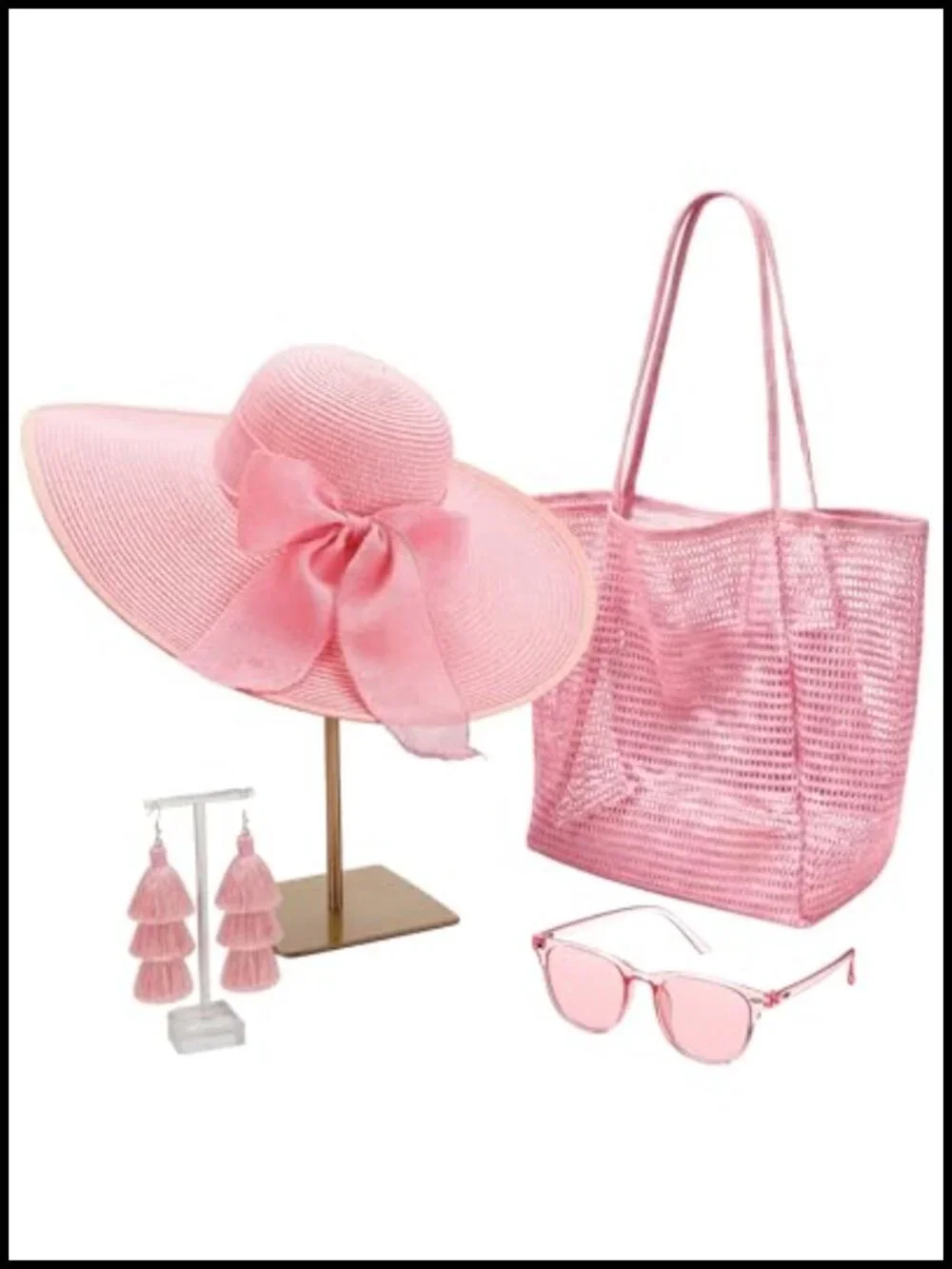 Summer Beach Accessories Set - Straw Hat, Mesh Tote, Sunglasses, Earrings